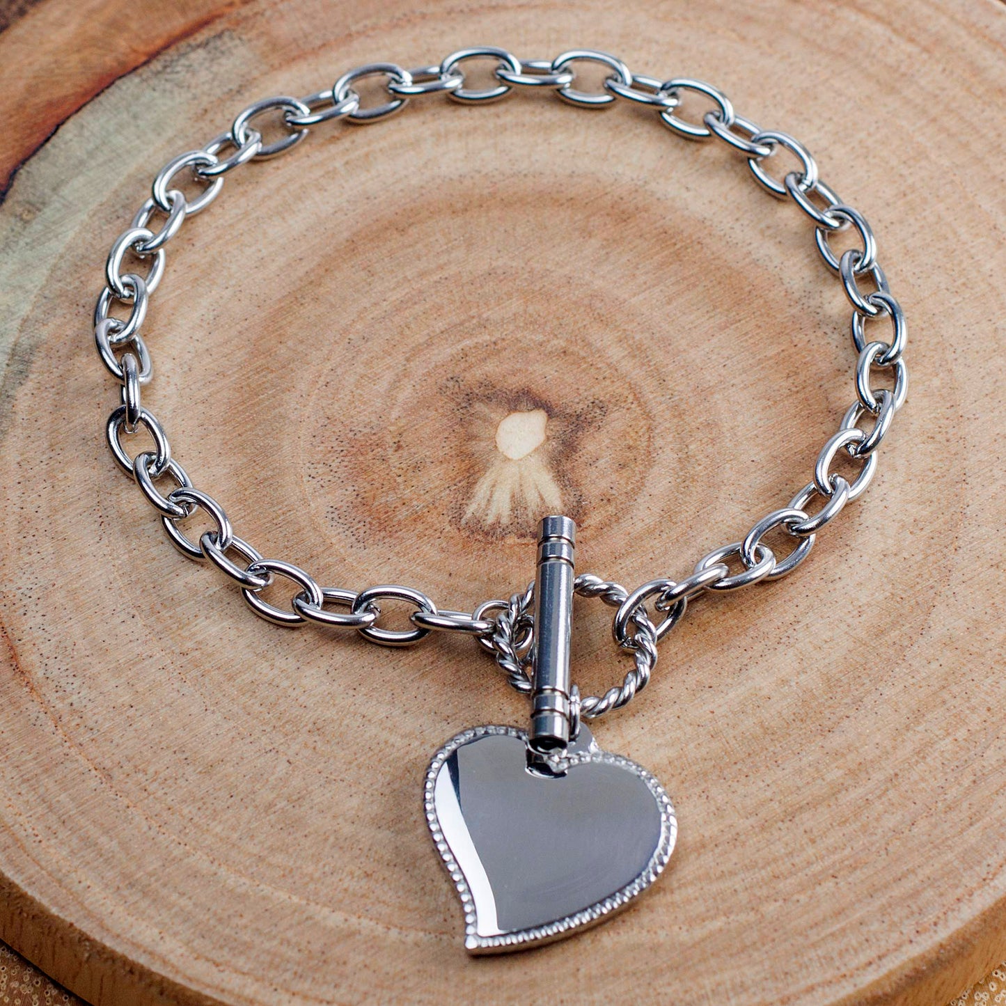 ELYA Women's Polished Heart Charm Cable Chain Link Stainless Steel Bracelet