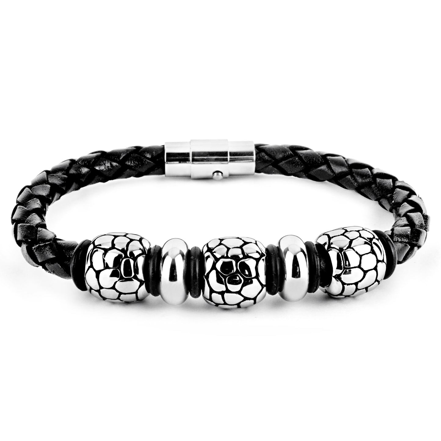 Stainless Steel Cobblestone Pattern Beaded Black Braided Leather Bracelet (8mm) - 8.25"