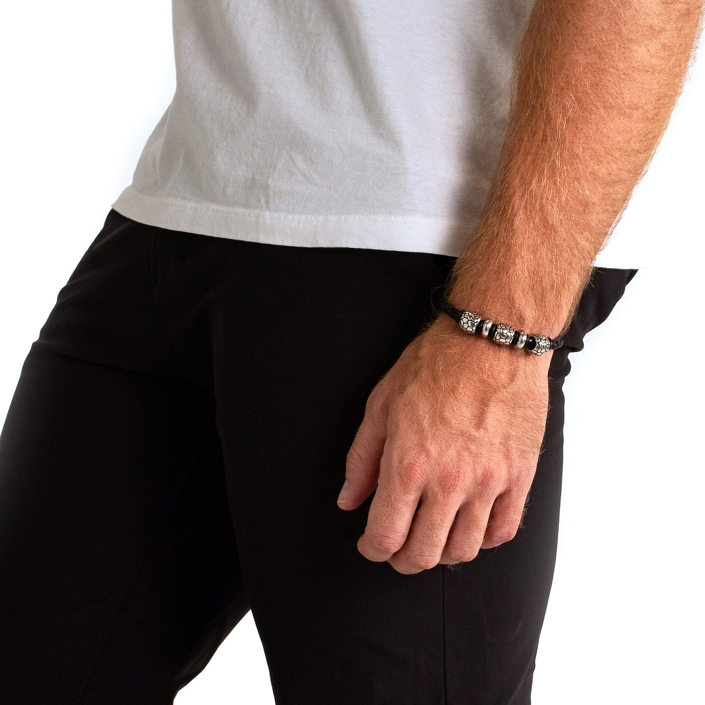 Men's Steel Beads Braided Black Leather Bracelet - 8.25"