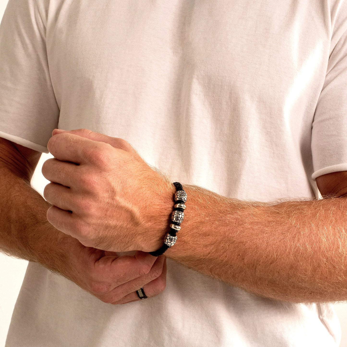 Men's Steel Beads Braided Black Leather Bracelet - 8.25"