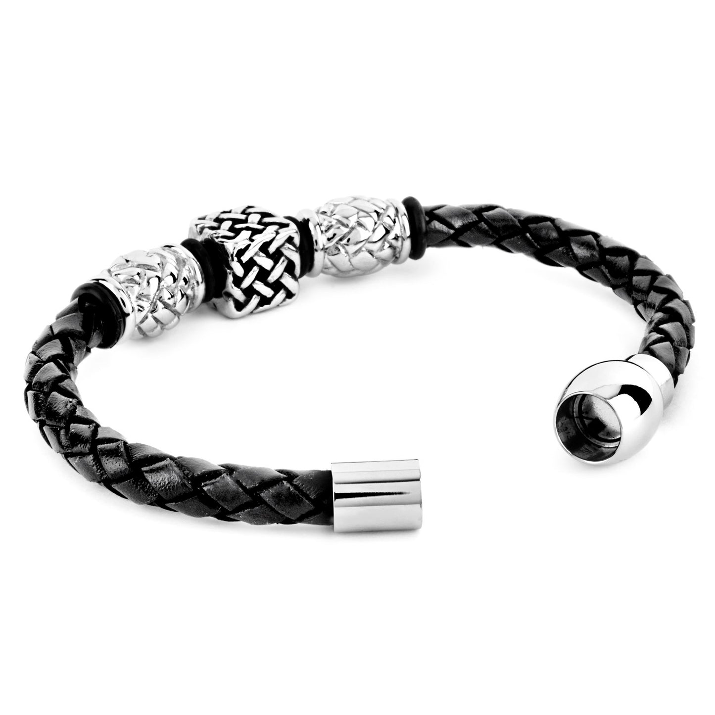 Men's Beaded Black Braided Leather Bracelet (6mm) - 8"