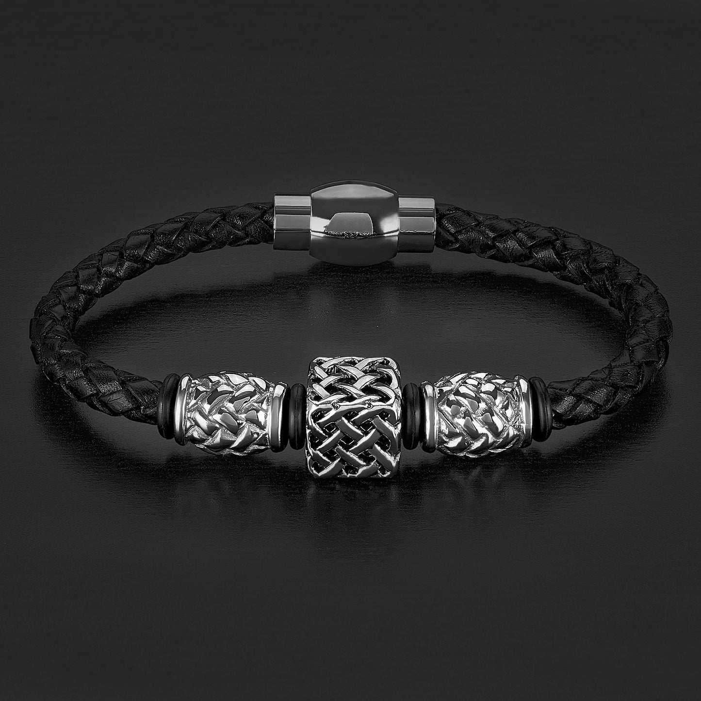 Men's Beaded Black Braided Leather Bracelet (6mm) - 8"