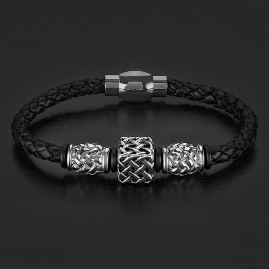 Men's Beaded Black Braided Leather Bracelet (6mm) - 8"