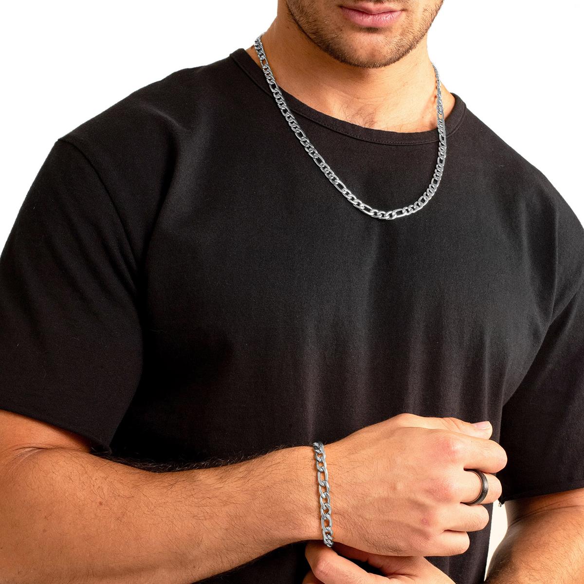 Crucible 8mm Stainless Steel Figaro Chain Bracelet and Necklace Set