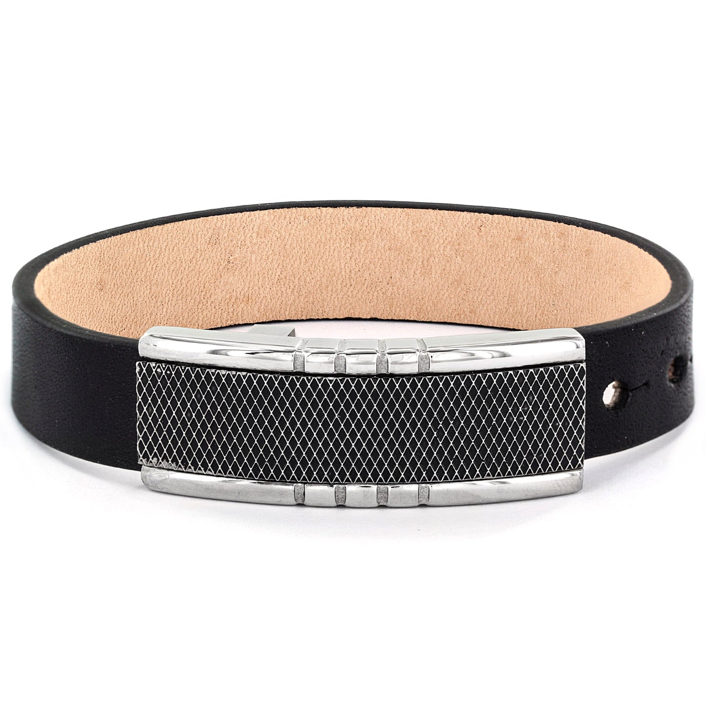 Men's Stainless Steel Criss Cross Buckle Black Leather Bracelet (14mm)