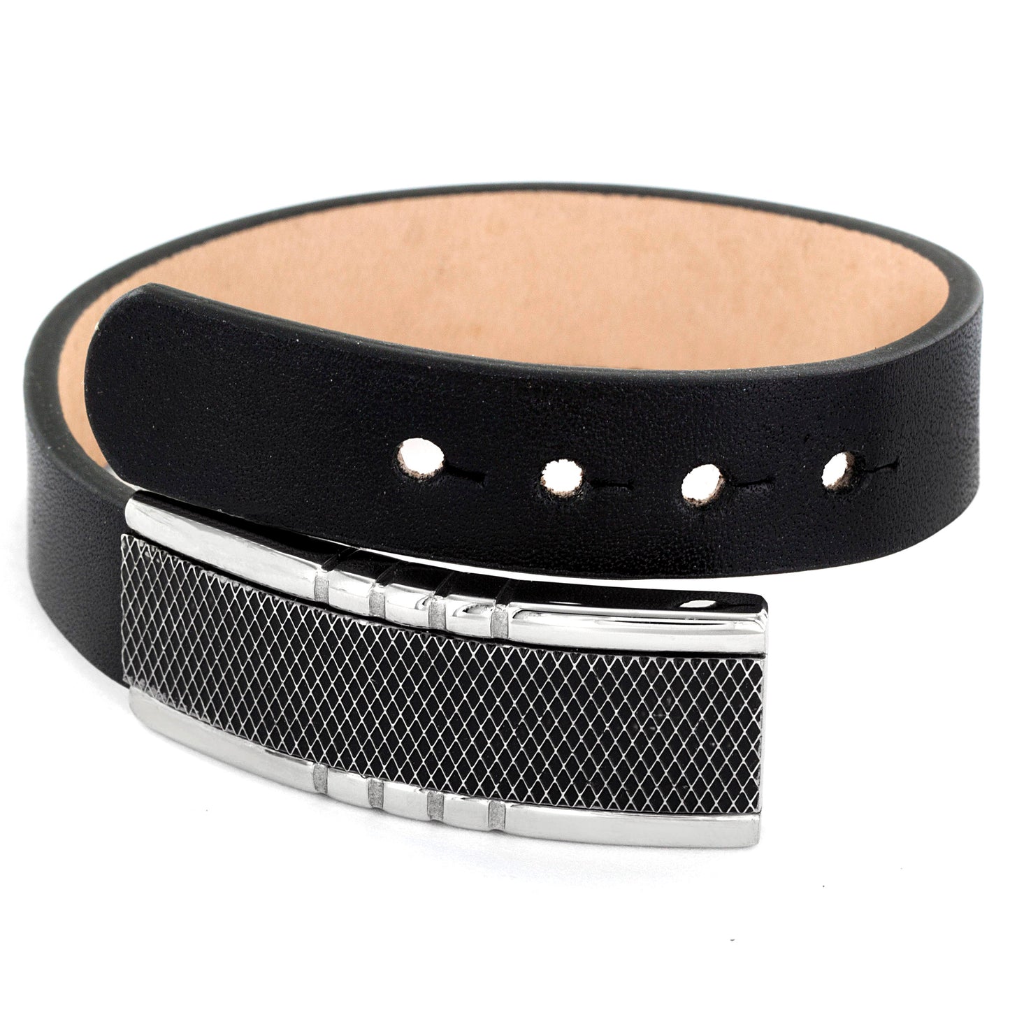Men's Stainless Steel Criss Cross Buckle Black Leather Bracelet (14mm)