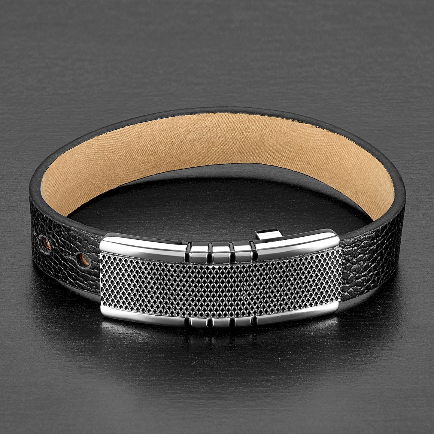 Men's Stainless Steel Criss Cross Buckle Black Leather Bracelet (14mm)