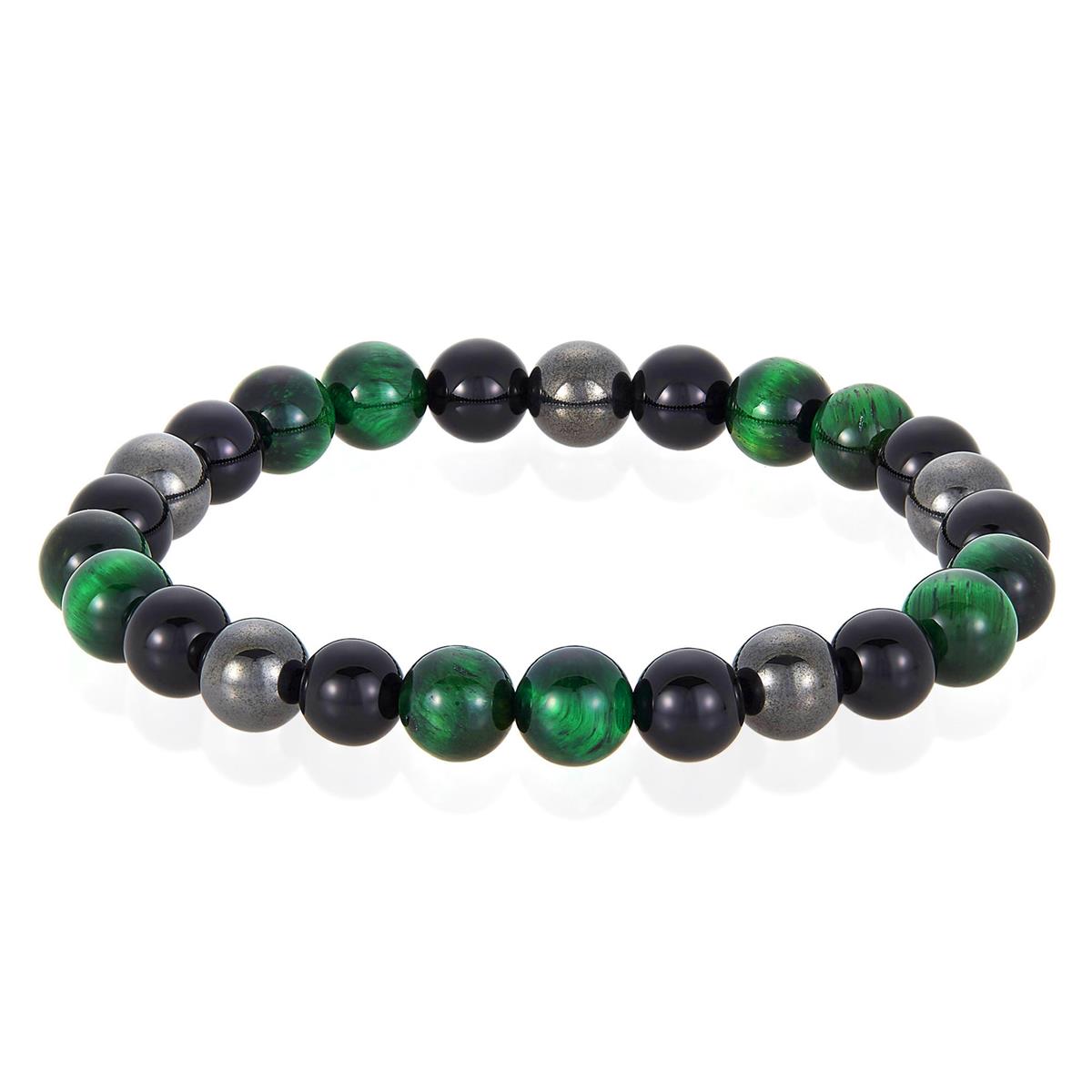 Crucible Jewelry 8mm Bead Stretch Bracelet Featuring Green Tiger Eye, Shiny Black Onyx and Magnetic Hematite