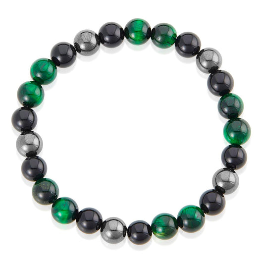 Crucible Jewelry 8mm Bead Stretch Bracelet Featuring Green Tiger Eye, Shiny Black Onyx and Magnetic Hematite