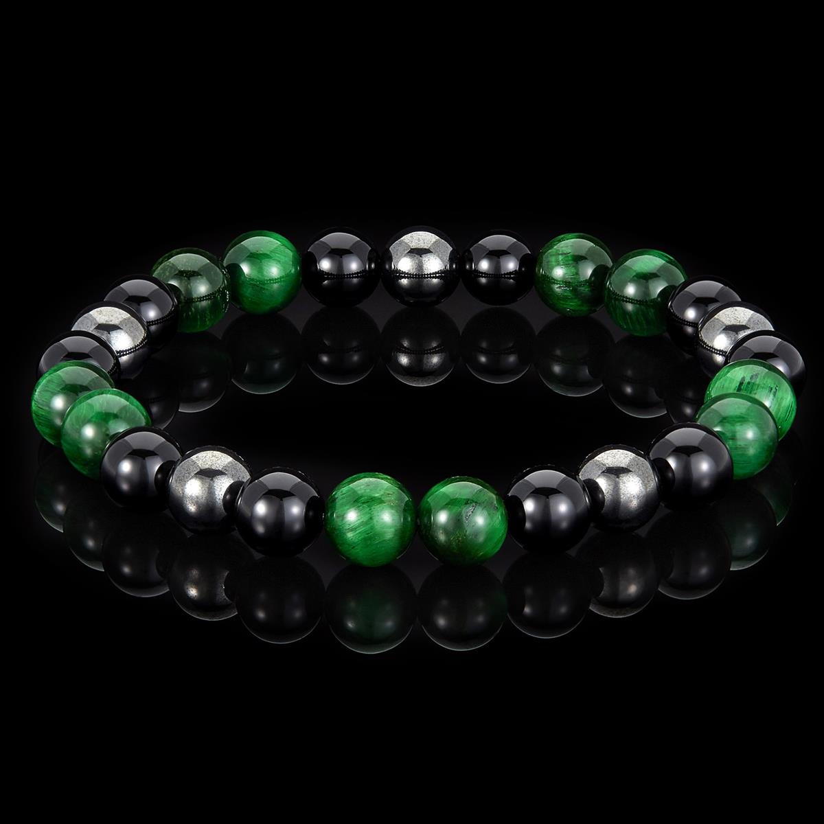 Crucible Jewelry 8mm Bead Stretch Bracelet Featuring Green Tiger Eye, Shiny Black Onyx and Magnetic Hematite