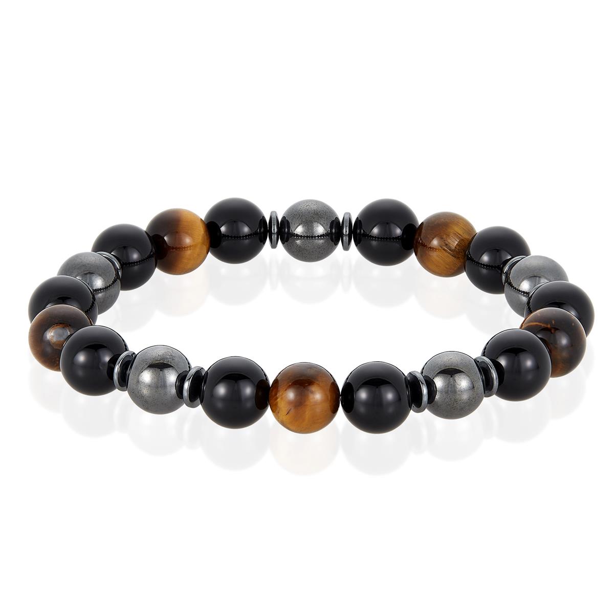 Crucible Jewelry 10mm Bead Stretch Bracelet Featuring Tiger Eye, Shiny Black Onyx and Magnetic Hematite