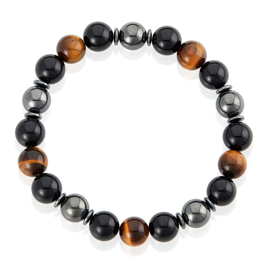 Crucible Jewelry 10mm Bead Stretch Bracelet Featuring Tiger Eye, Shiny Black Onyx and Magnetic Hematite