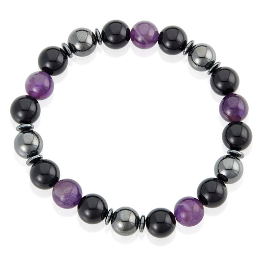 Crucible Jewelry 10mm Bead Stretch Bracelet Featuring Amethyst, Shiny Black Onyx and Magnetic Hematite