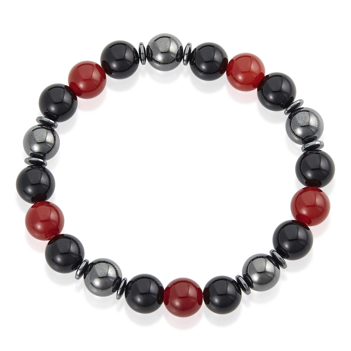 Crucible Jewelry 10mm Bead Stretch Bracelet Featuring Red Agate, Shiny Black Onyx and Magnetic Hematite