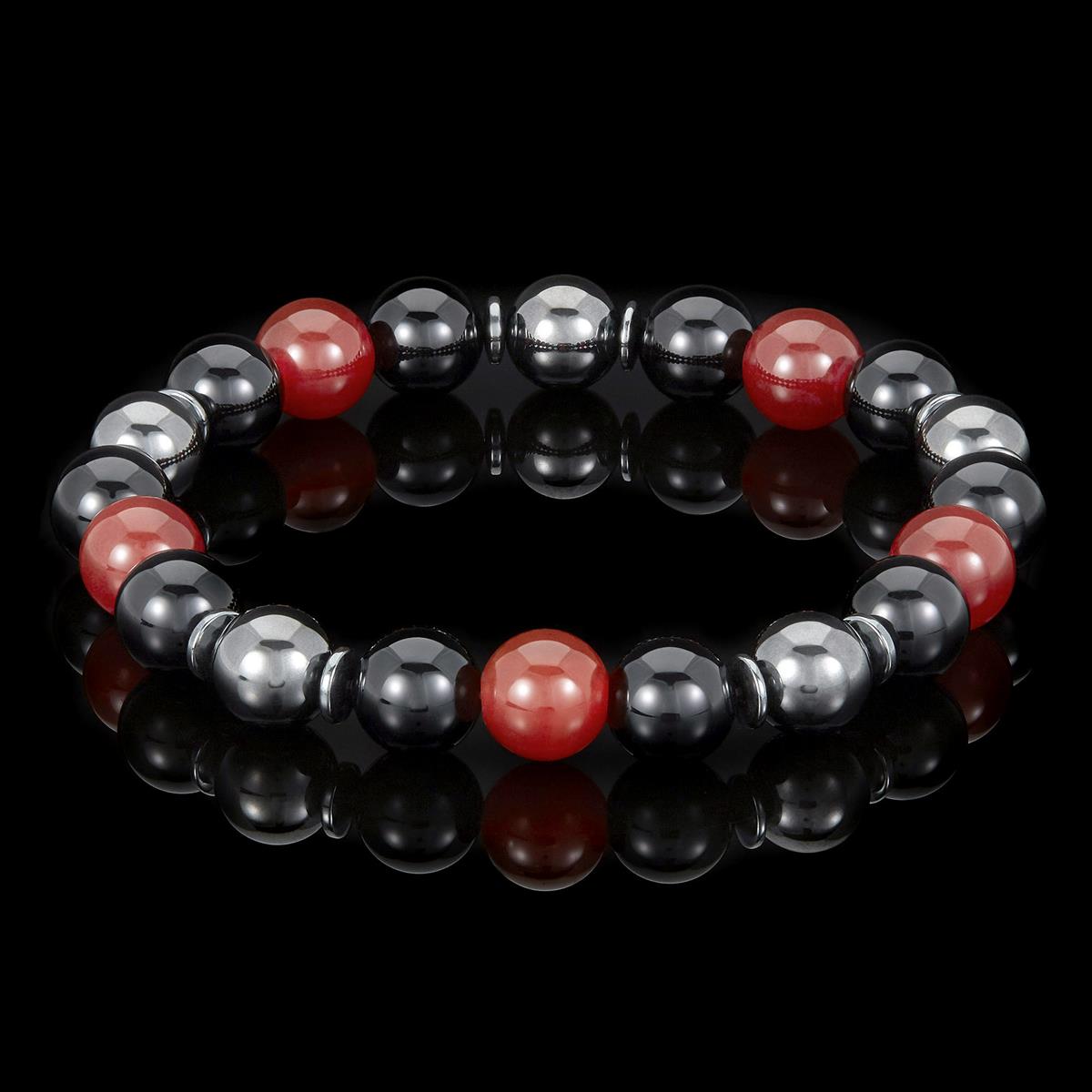 Crucible Jewelry 10mm Bead Stretch Bracelet Featuring Red Agate, Shiny Black Onyx and Magnetic Hematite