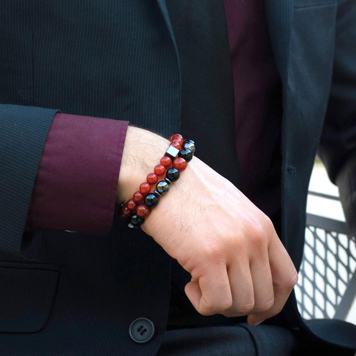 Crucible Jewelry 10mm Bead Stretch Bracelet Featuring Red Agate, Shiny Black Onyx and Magnetic Hematite