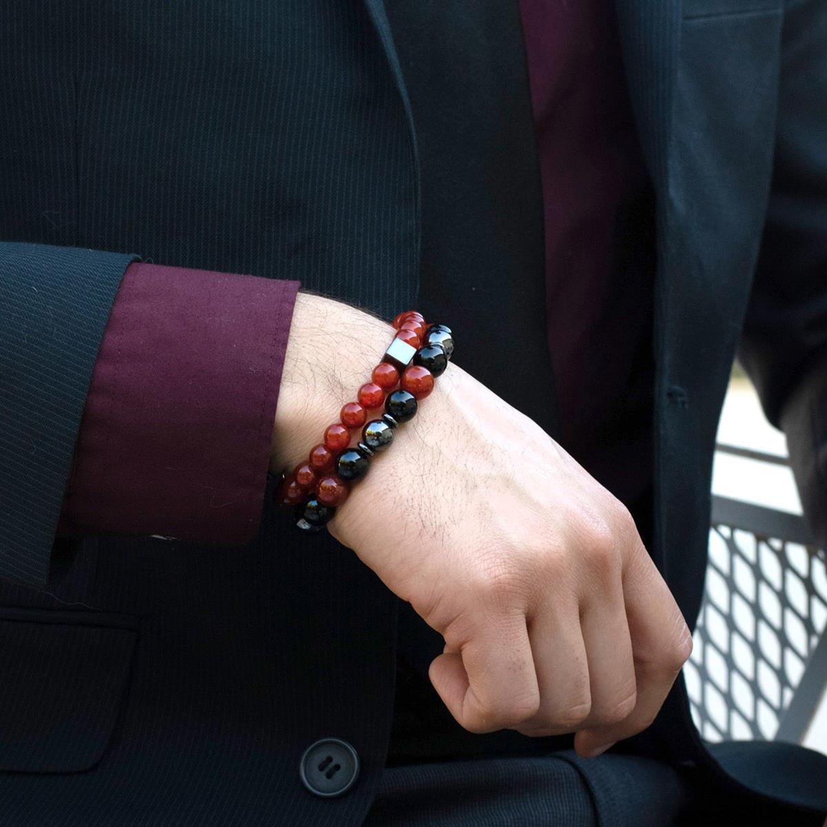 Men's Red Agate Stone with Hematite Cube Bead Stretch Bracelet (8mm)