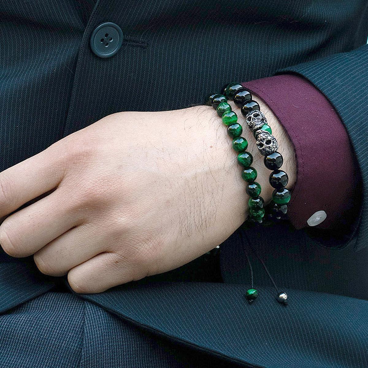 Crucible Jewelry Green Tiger Eye Natural Stone 8mm Beads on Adjustable Cord Tie Bracelet