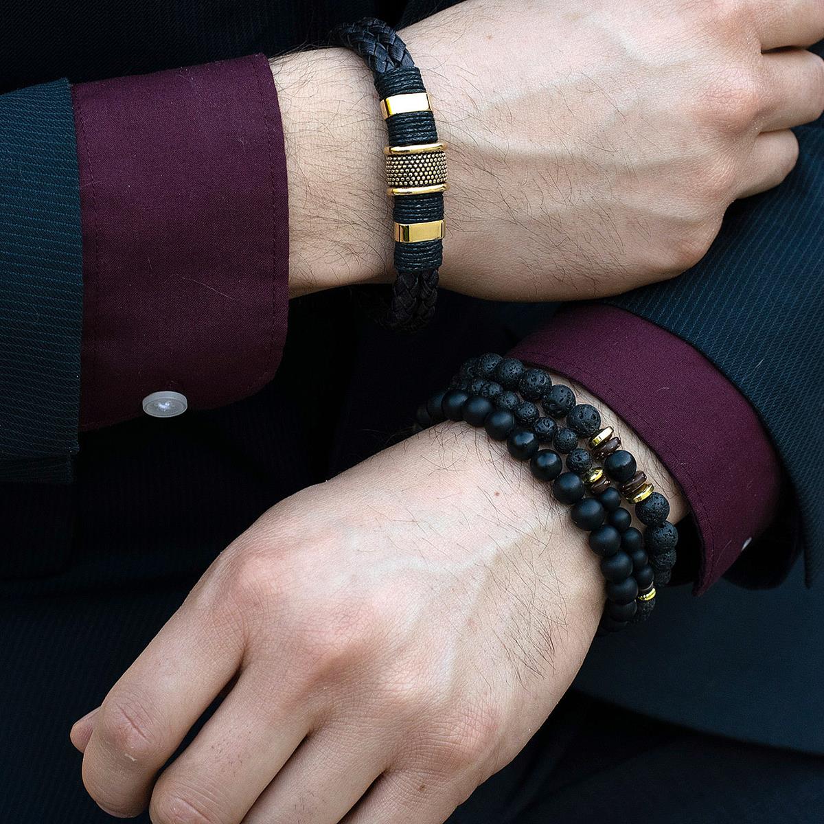 Crucible Jewelry 3 Pack Matte Black Agate , Lava, Wood and Gold Hematite Bead Stretch Bracelets