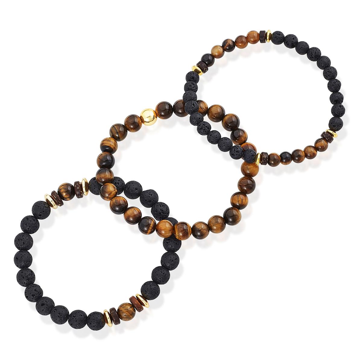 Men's Tiger Eye Stone with Hematite, Lava and Wood Bead Stretch Bracelets