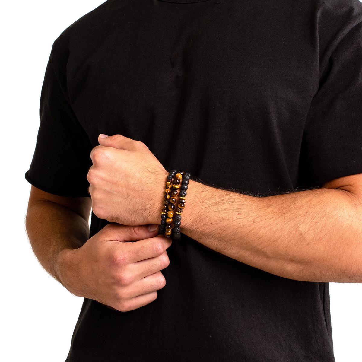 Crucible Jewelry 3 Pack Tiger Eye , Lava, Wood and Gold Hematite Bead Stretch Bracelets