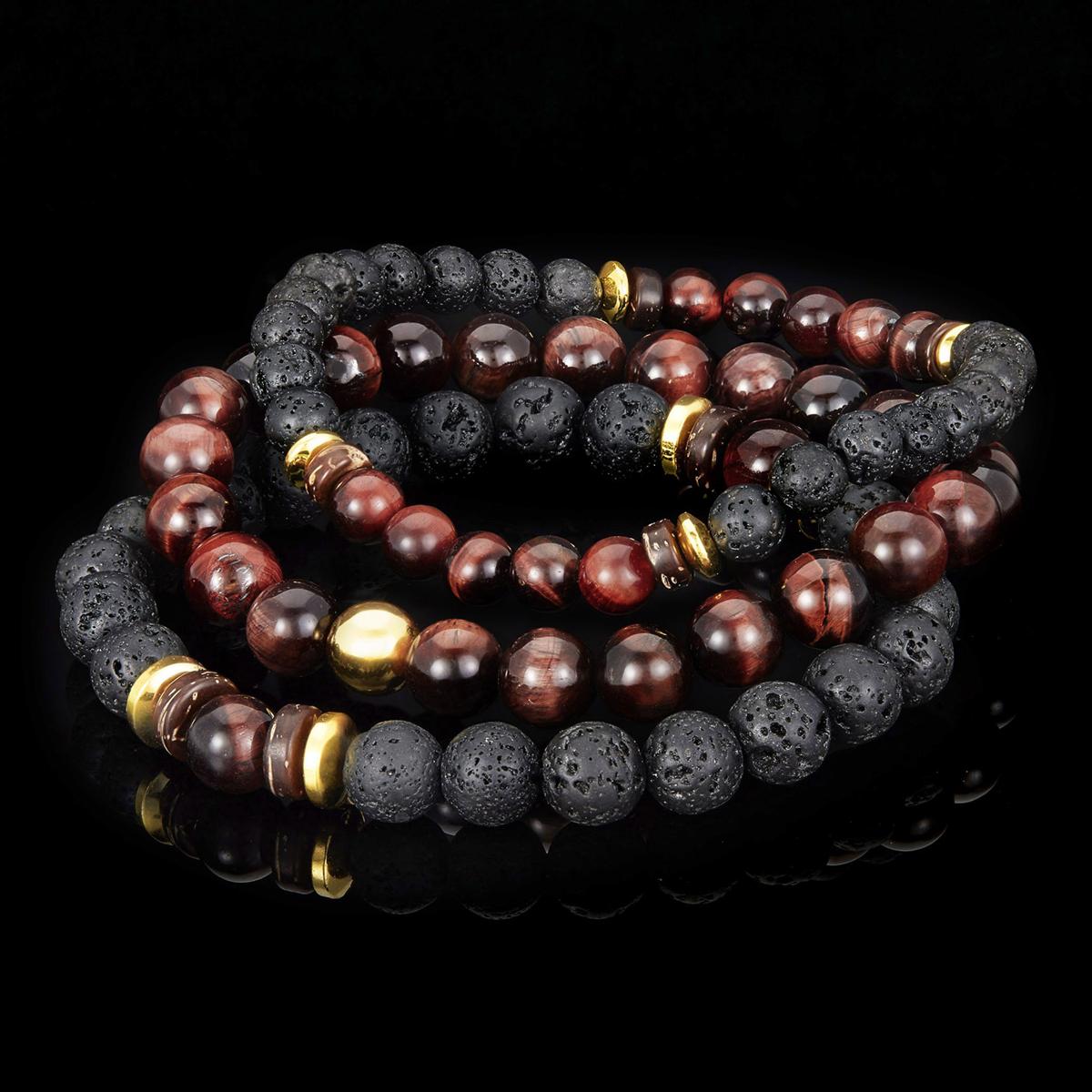 Set of 3 Bracelets - Red Tiger Eye , Lava, Wood and Gold Hematite Bead Stretch Bracelets