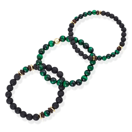 Crucible Jewelry 3 Pack Green Tiger Eye , Lava, Wood and Gold Hematite Bead Stretch Bracelets