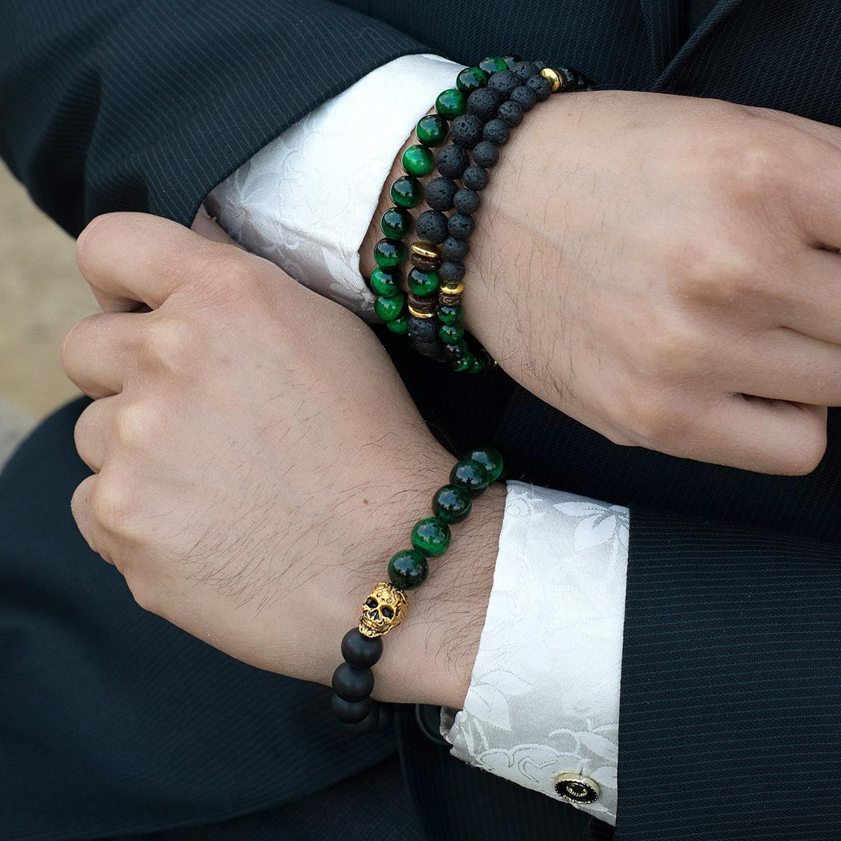 Set of 3 Bracelets - Green Tiger Eye , Lava, Wood and Gold Hematite Bead Stretch Bracelets