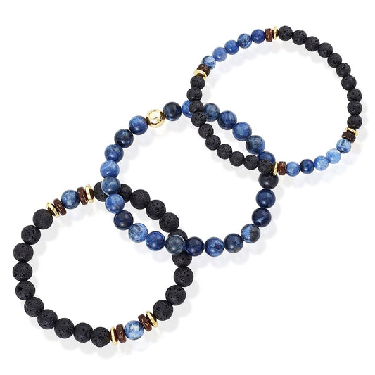 Crucible Jewelry 3 Pack Sodalite , Lava, Wood and Gold Hematite Bead Stretch Bracelets