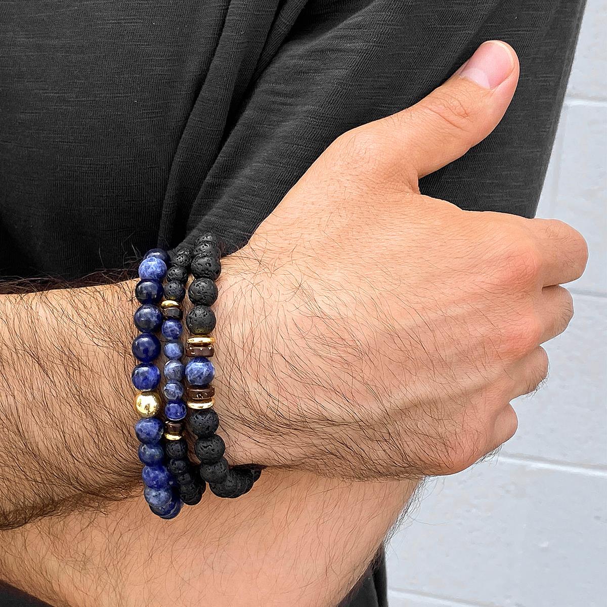 Crucible Jewelry 3 Pack Sodalite , Lava, Wood and Gold Hematite Bead Stretch Bracelets