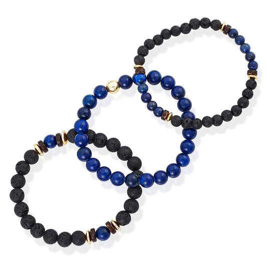 Crucible Jewelry 3 Pack Lapis Lazuli , Lava, Wood and Gold Hematite Bead Stretch Bracelets