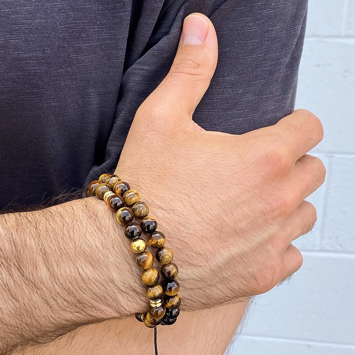 Crucible Jewelry 8mm Tiger Eye and Gold IP Stainless Steel Beads on Adjustable Cord Tie Bracelet