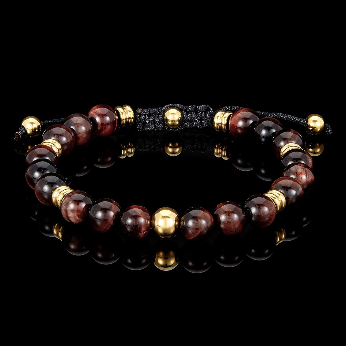 Crucible Jewelry 8mm Red Tiger Eye and Gold IP Stainless Steel Beads on Adjustable Cord Tie Bracelet