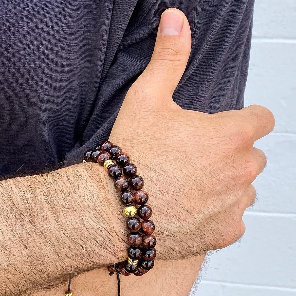 8mm Red Tiger Eye and Gold IP Stainless Steel Beads on Adjustable Cord Tie Bracelet