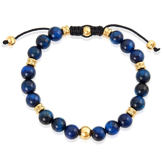 Crucible Jewelry 8mm Blue Tiger Eye and Gold IP Stainless Steel Beads on Adjustable Cord Tie Bracelet