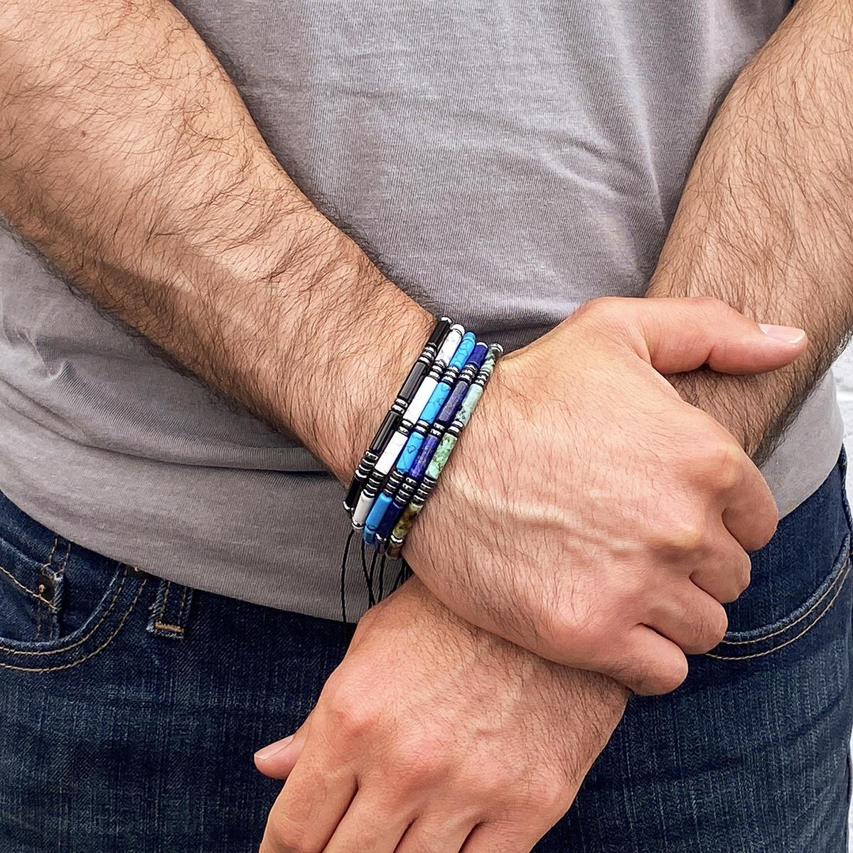 Crucible Jewelry Hematite and Lapis Lazuli Tube Stone Hematite Bead Adjustable Cord Tie Bracelet