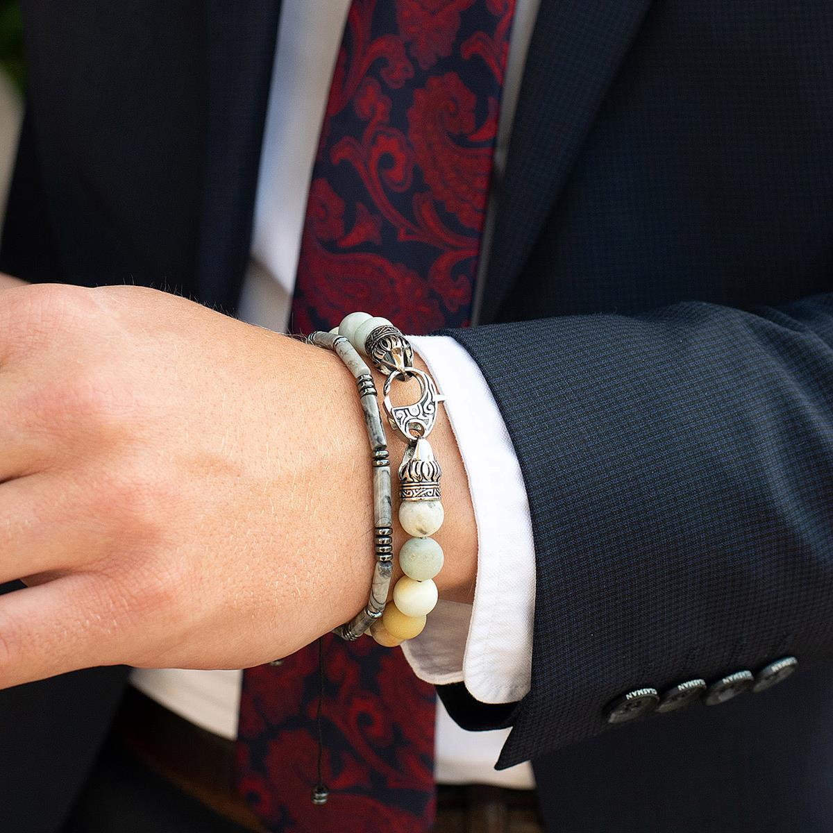 Men's Gray Map Jasper Stone and Hematite Bead Adjustable Bracelet