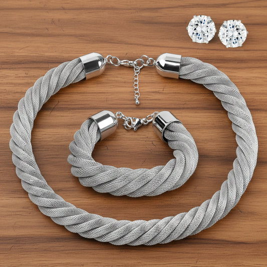 Women's Twisted Mesh Bracelet 7.5" and Necklace 18" Steel Set