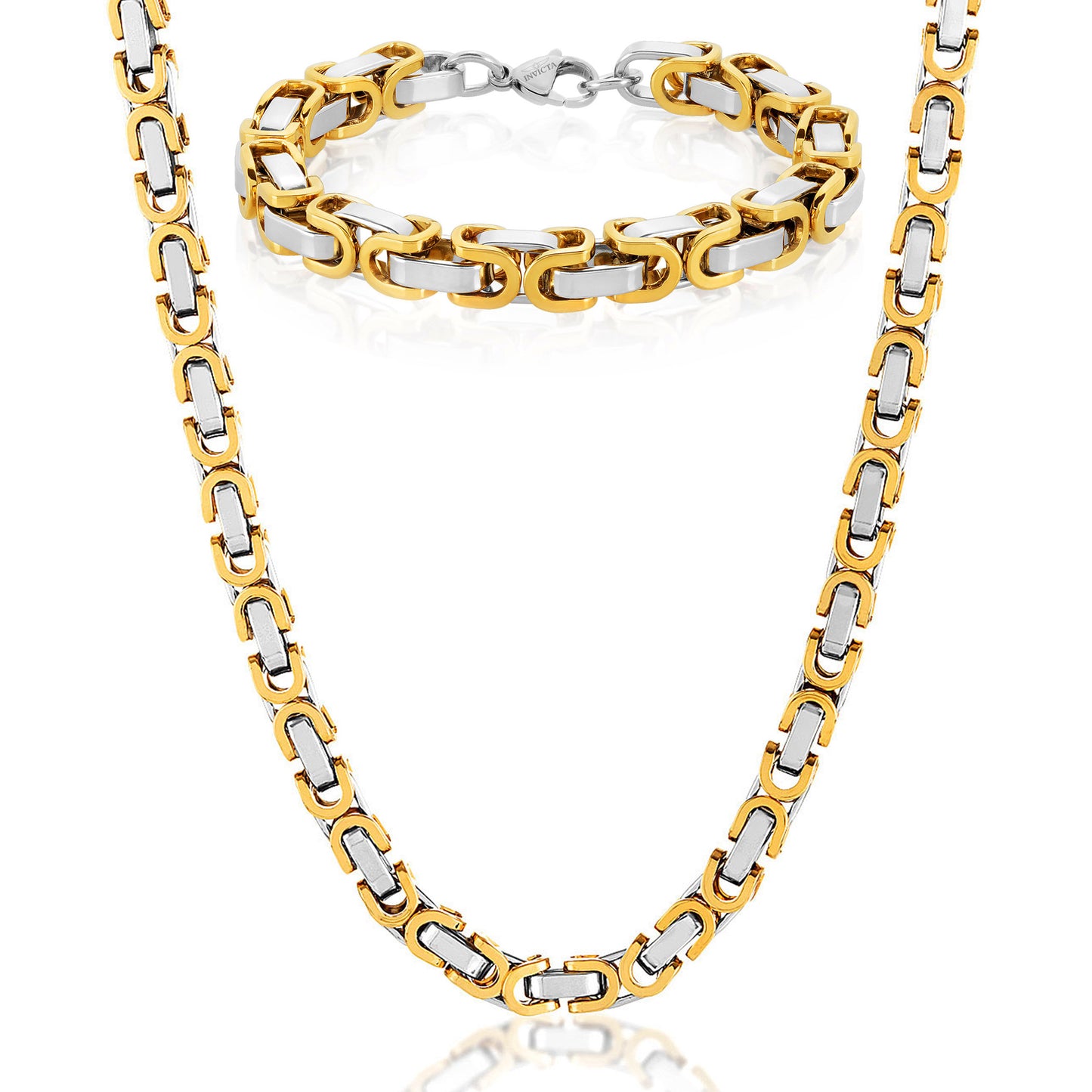 Invicta Jewelry Men's Byzantine Chain Gold Two Tone Bracelet and Necklace Set