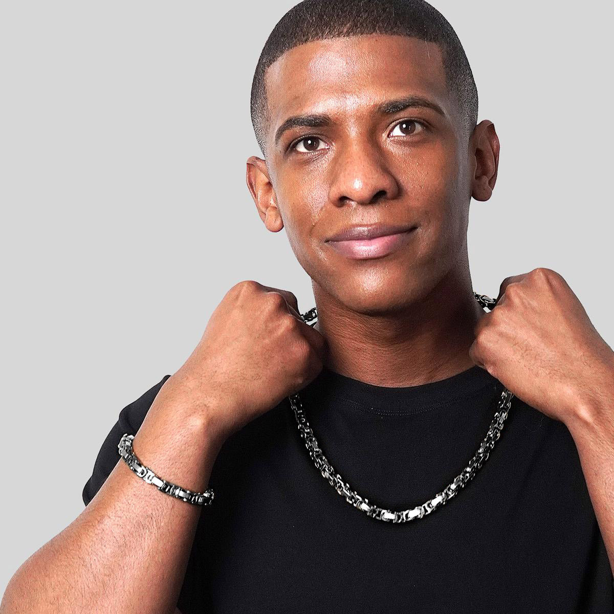Men's Byzantine Chain Black Two Tone Steel Bracelet