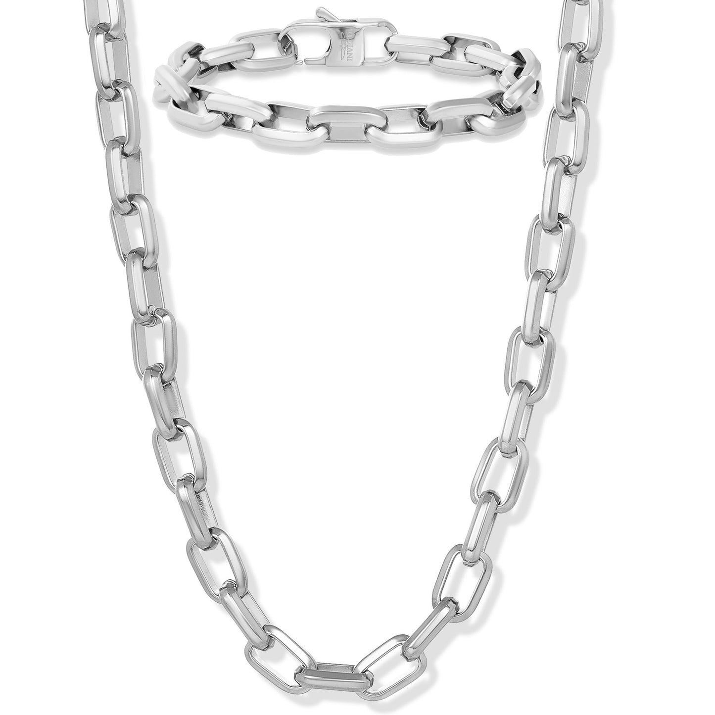 Men's Beveled Edge Large Nautical Oval Links Bracelet and Necklace Chain Set