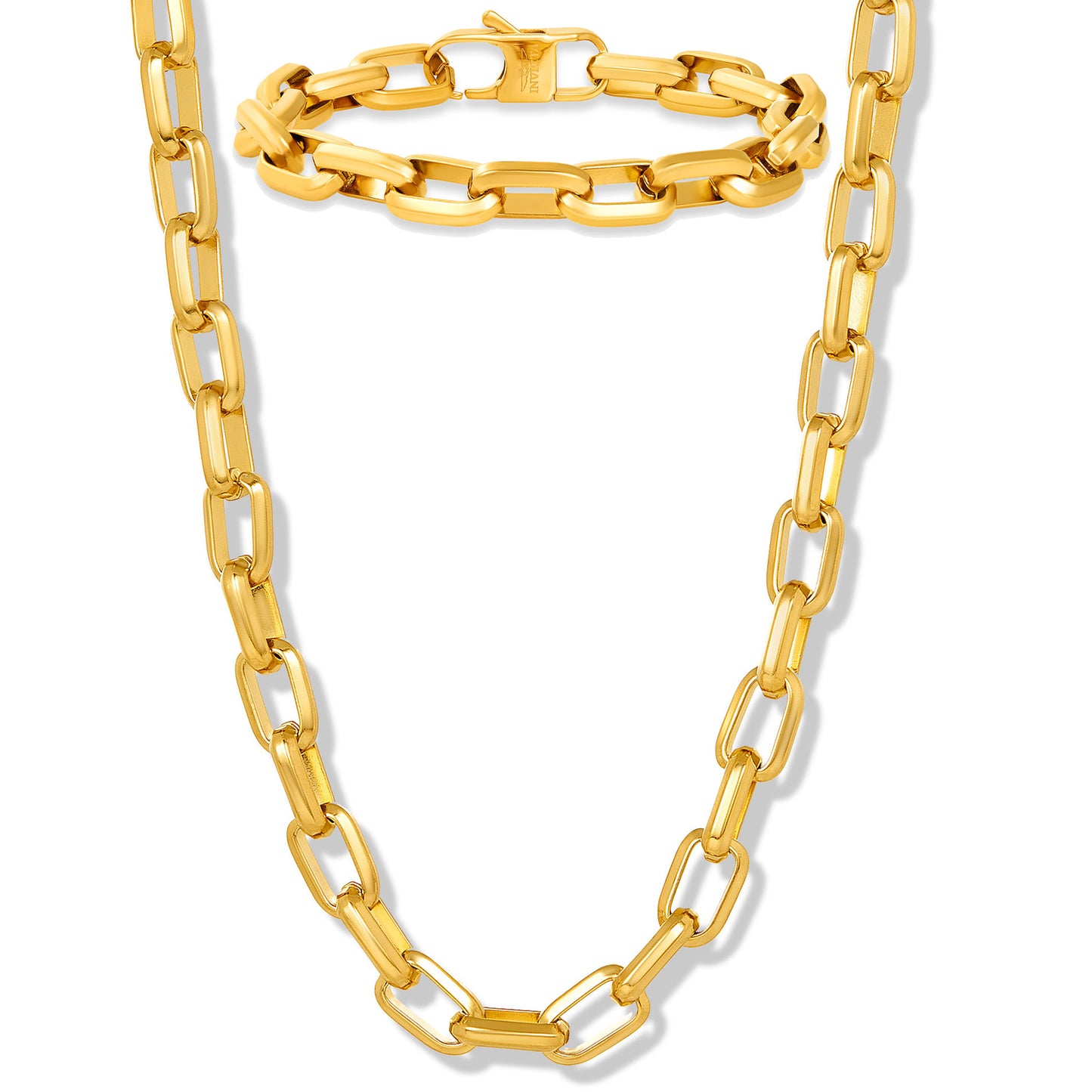 Invicta Jewelry Men's Beveled Edge Nautical Link Gold Bracelet and Necklace Chain Set