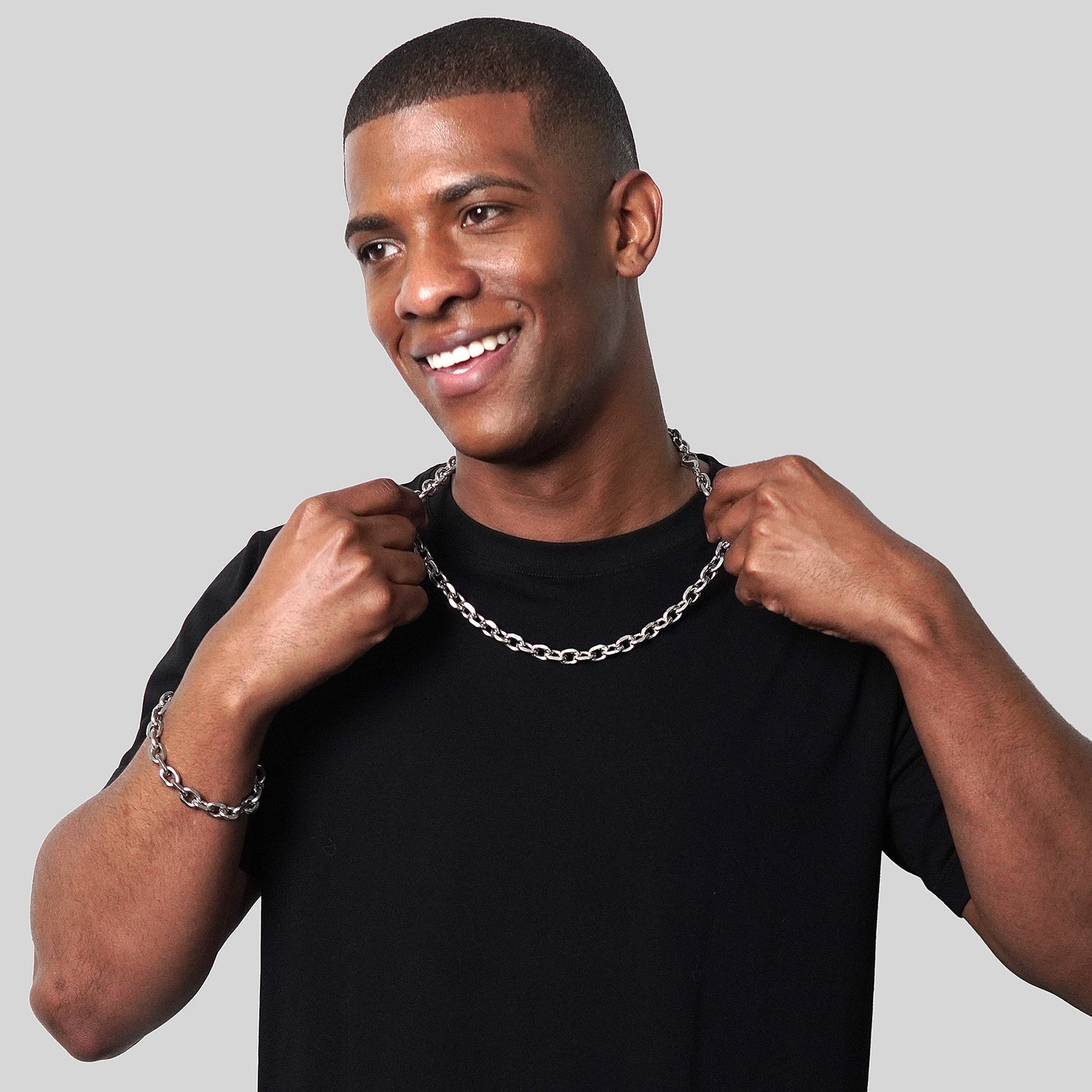 Men's Knife Edge Oval Link Chain Bracelet and Necklace Set