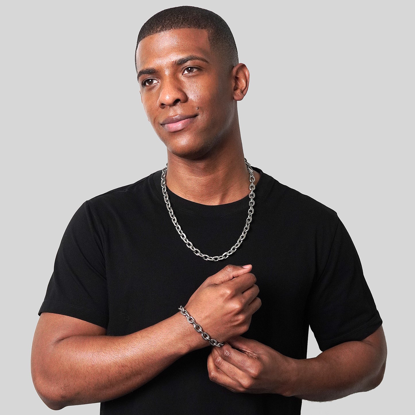 Men's Knife Edge Oval Link Chain Bracelet and Necklace Set
