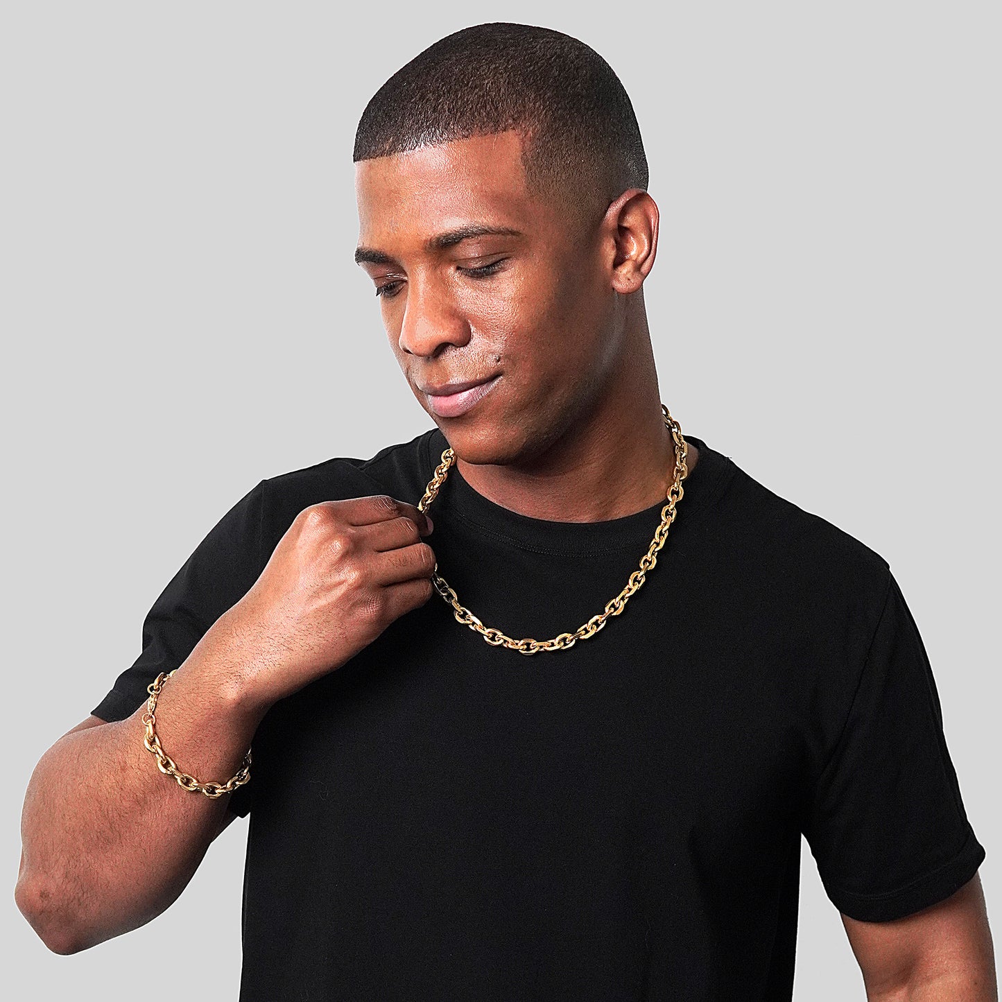 Men's Knife Edge Oval Link Gold Bracelet and Necklace Chain Set