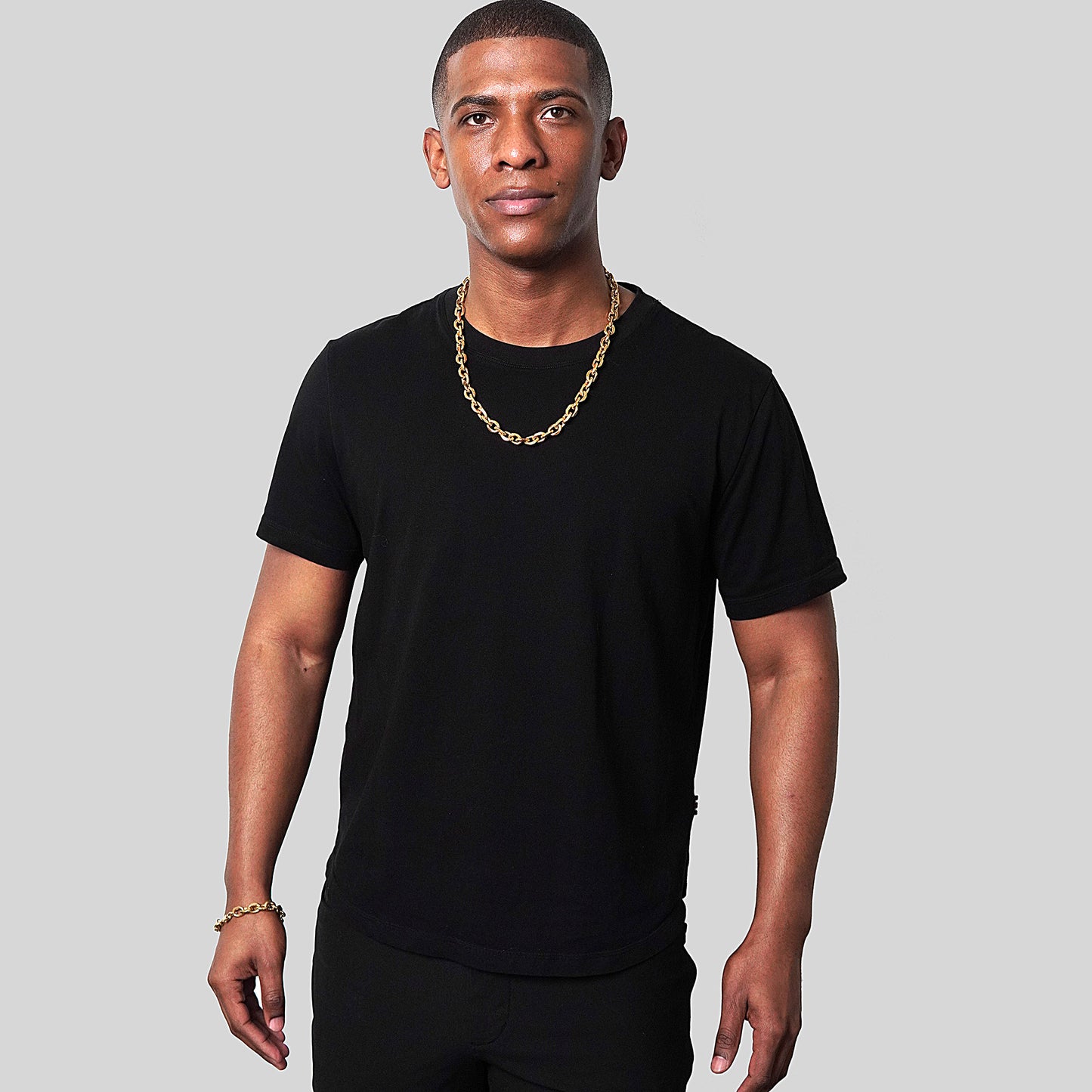Men's Knife Edge Oval Link Gold Bracelet and Necklace Chain Set