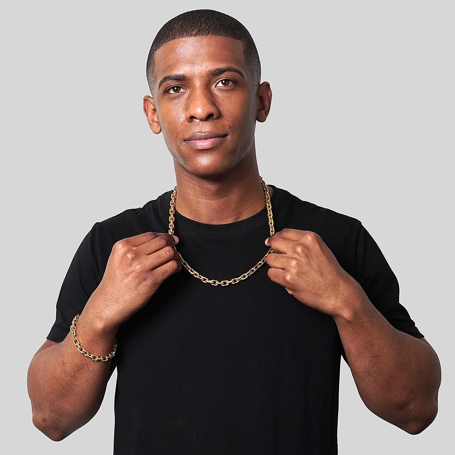 Invicta Jewelry Men's Beveled Edge Rectangular Link Gold Bracelet and Necklace Set