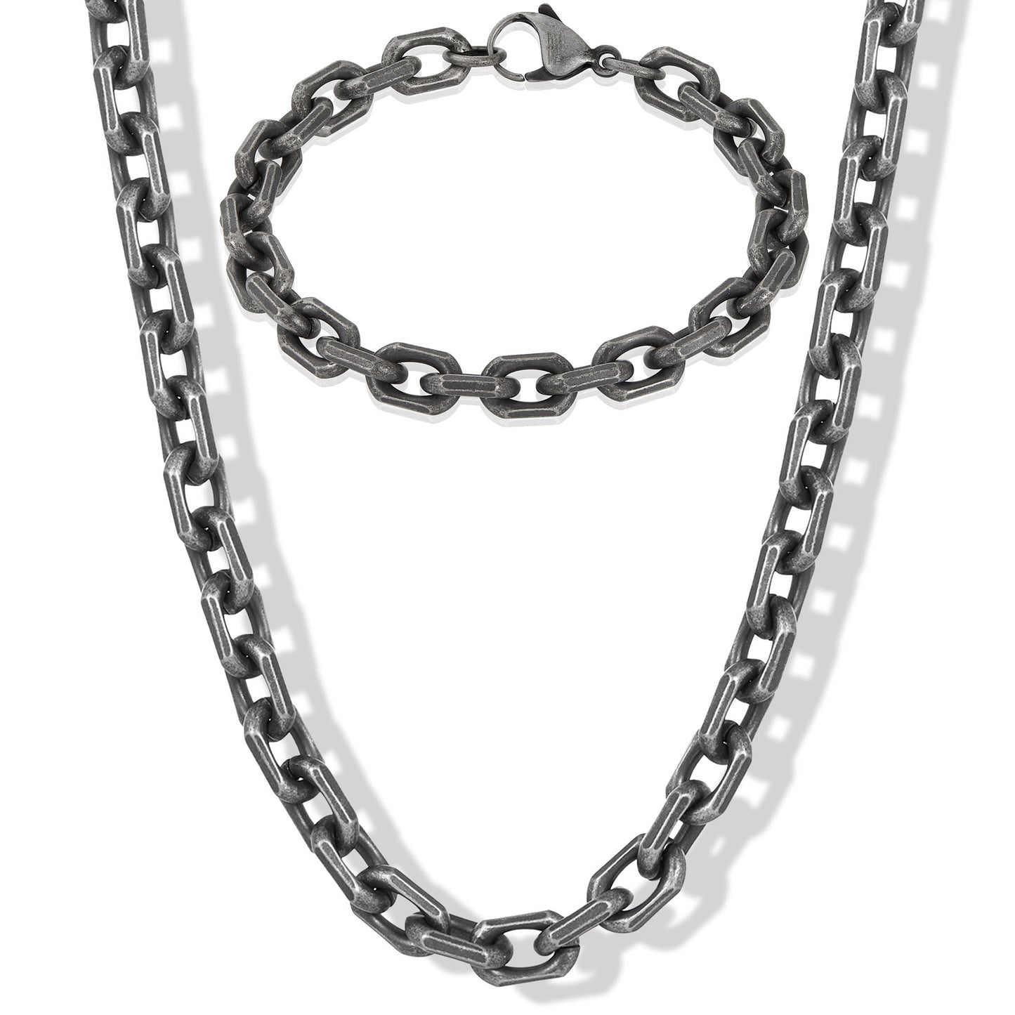 Men's Beveled Edge Rectangular Link Gunmetal Bracelet and Necklace Set
