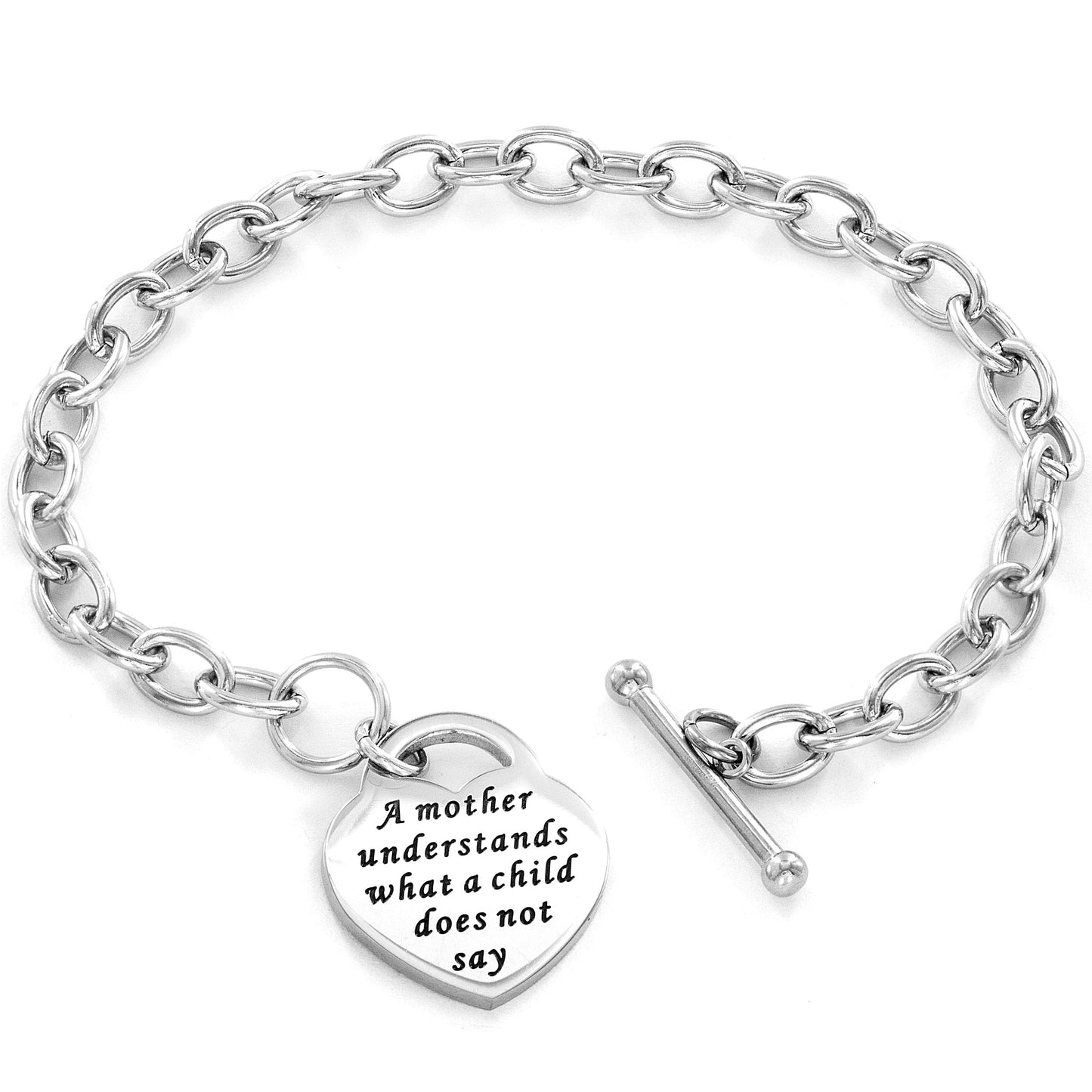 ELYA Women's Engraved Mom Heart Charm Toggle Clasp Steel Bracelet
