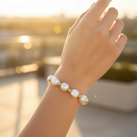 ELYA Polished Freshwater Pearl and Gold Plated Steel Bead Bracelet - 7.5"